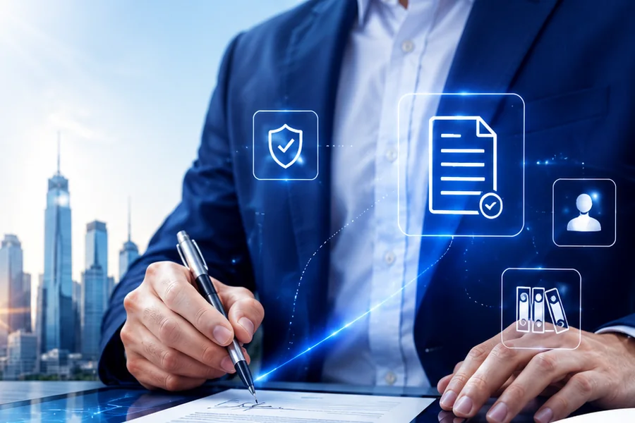 A business leader signing a digitally secured document, with compliance and verification icons overlaid