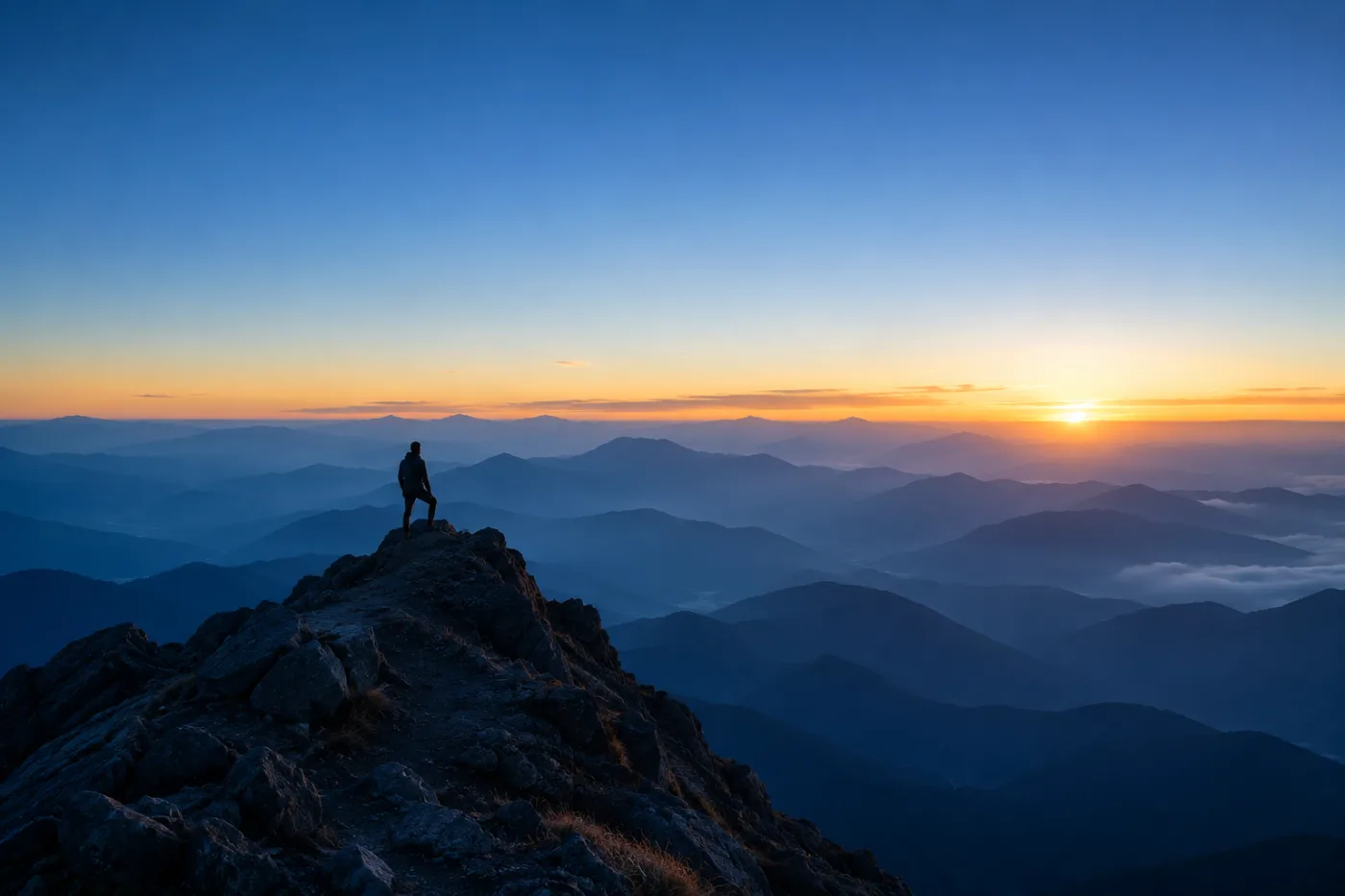 A lone figure on a mountain summit at sunrise, layered blue ranges below