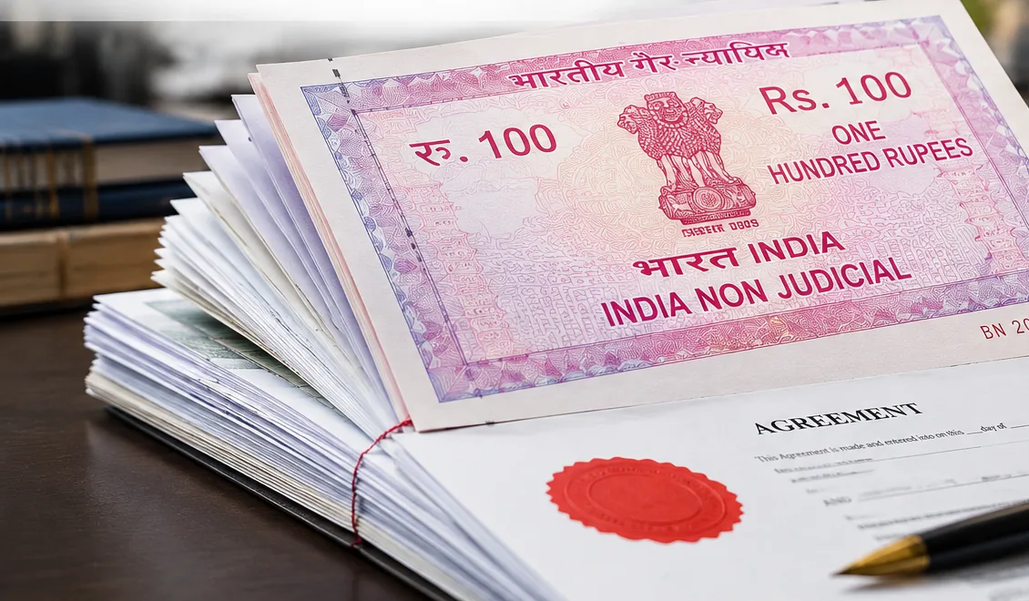 A bound stack of Indian non-judicial stamp papers on a sealed agreement